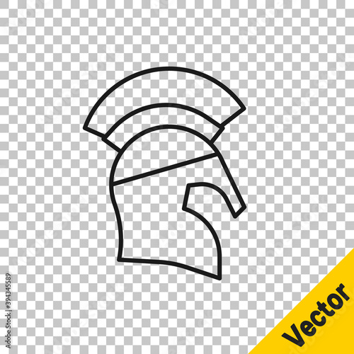 Black line Greek helmet icon isolated on transparent background. Antiques helmet for head protection soldiers with a crest of feathers or horsehair. Vector.