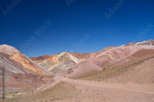 dry and arid desolation in the high andes mountains at the Agua Negra pass, with colorful mountains and rocks. desert landscape in high altitude in Argentina, South America