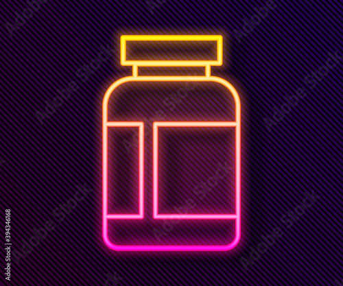 Glowing neon line Sports nutrition bodybuilding proteine power drink and food icon isolated on black background. Vector.