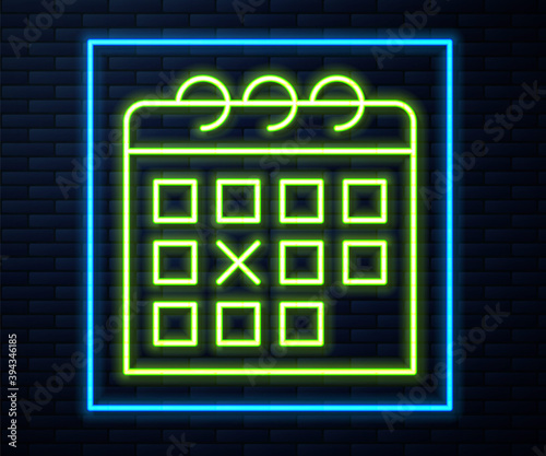 Glowing neon line Calendar fitness icon isolated on brick wall background. Training schedule. Vector.