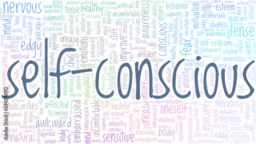 Self-conscious vector illustration word cloud isolated on a white background.
