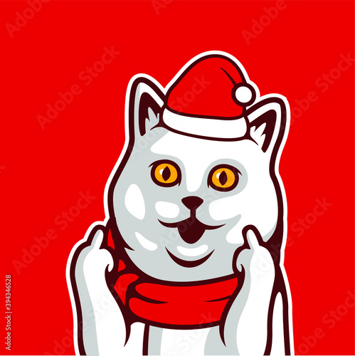 White Cat Showing Fuck You Symbol Sign With Smile. Wearing Christmas Costume, Santa Claus Hat, Muffler, For Christmas Day and New Year Vector Illustration - Vector