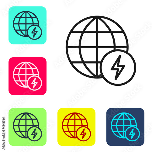 Black line Global energy power planet with flash thunderbolt icon isolated on white background. Ecology concept and environmental. Set icons in color square buttons. Vector. photo