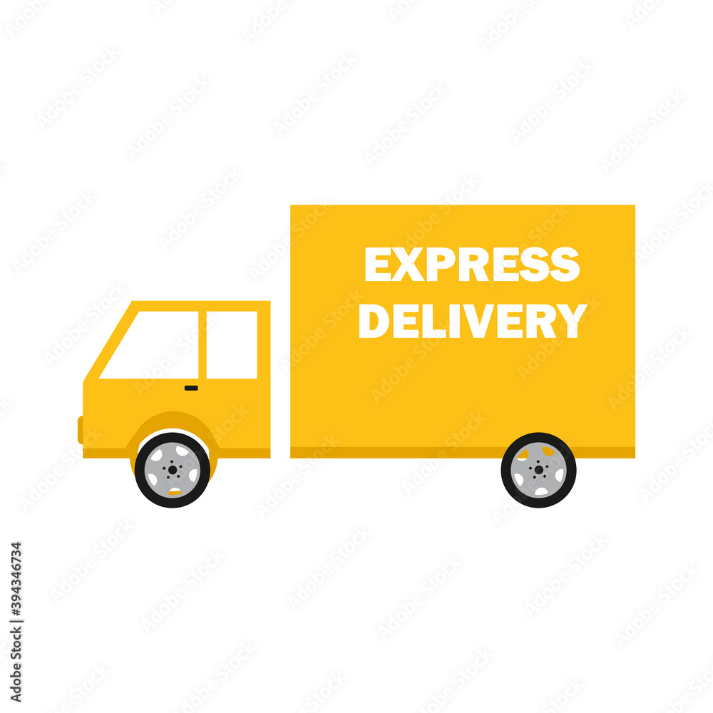 Yellow mail truck marked Express delivery. Vector flat illustration of a car. Delivery of mail, parcels and shipments. Yellow mail truck marked Express delivery. Vector flat illustration of a car. Delivery of mail, parcels and shipments.
