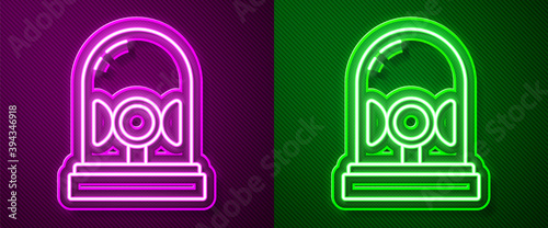 Glowing neon line Flasher siren icon isolated on purple and green background. Emergency flashing siren. Vector.