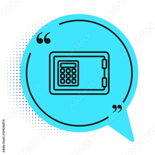 Black line Safe icon isolated on white background. The door safe a bank vault with a combination lock. Reliable Data Protection. Blue speech bubble symbol. Vector.