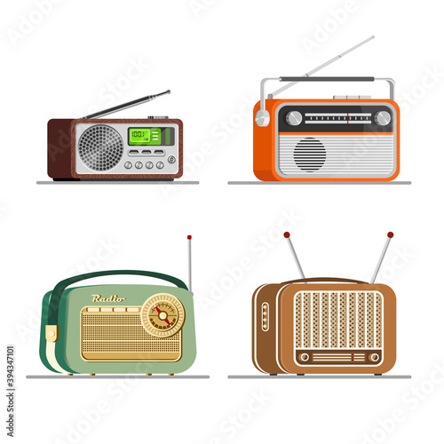 Radio tuners set. Vector illustration of vintage and modern radio receivers, flat style. Radio collection.