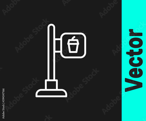 White line Cafe and restaurant location icon isolated on black background. Fork and spoon eatery sign inside pinpoint. Vector..