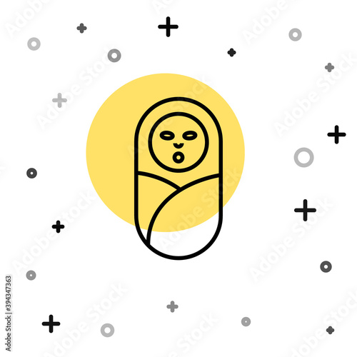 Black line Newborn baby infant swaddled or swaddling icon isolated on white background. Baby kid child wrapped in blanket clothes. Random dynamic shapes. Vector.