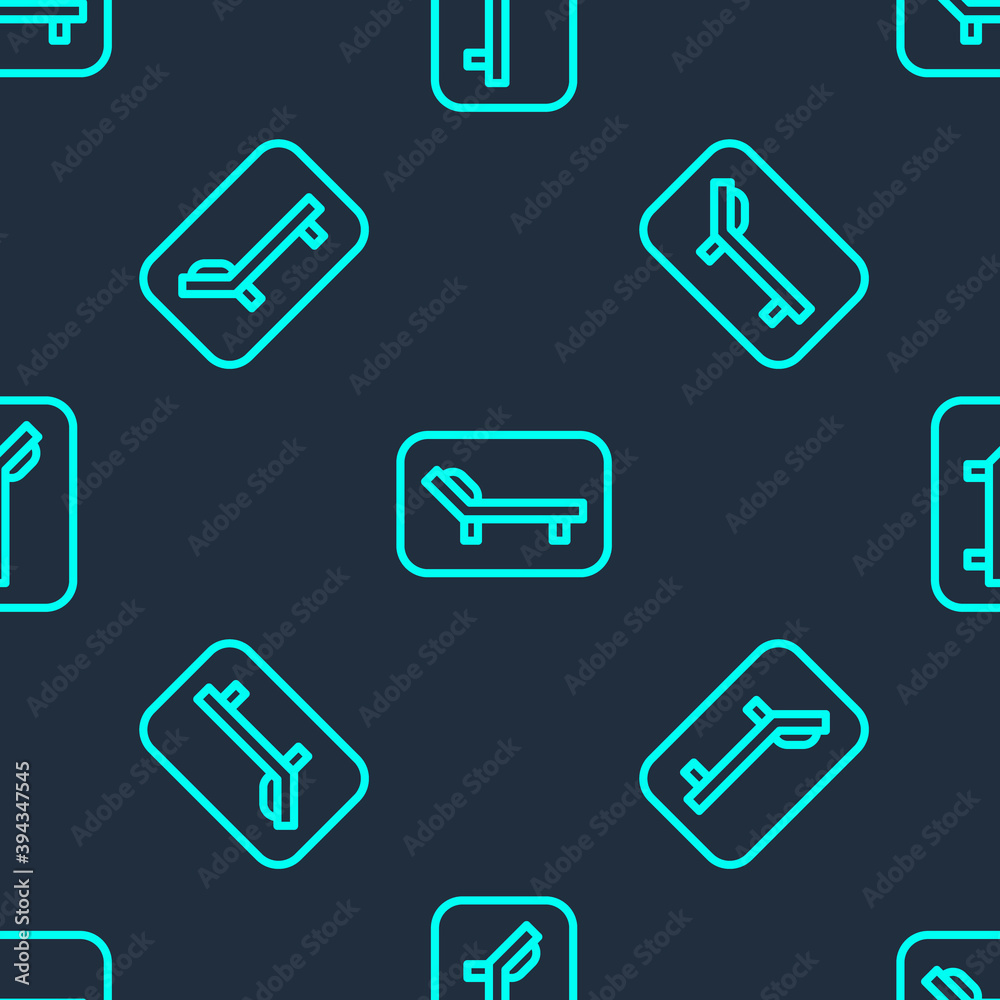 Green line Sunbed icon isolated seamless pattern on blue background. Sun lounger. Vector. Green line Sunbed icon isolated seamless pattern on blue background. Sun lounger. Vector.