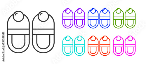 Black line Slippers icon isolated on white background. Flip flops sign. Set icons colorful. Vector.