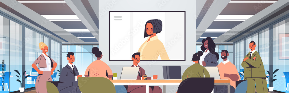 businesspeople having online conference mix race business people discussing with businesswoman during video call office meeting room interior horizontal portrait vector illustration businesspeople having online conference mix race business people discussing with businesswoman during video call office meeting room interior horizontal portrait vector illustration