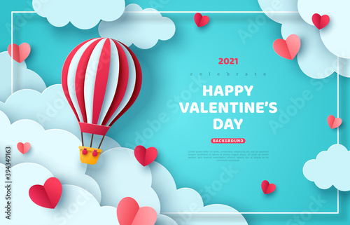 Hot air balloon floating in blue sky and paper cut clouds. Romantic adventure for honeymoon or wedding invitation design. Place for text. Happy Valentines day sale brochure template with cute hearts.