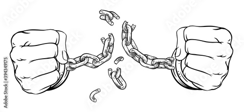 Hands in fists breaking the chain of shackle cuffs freedom concept design