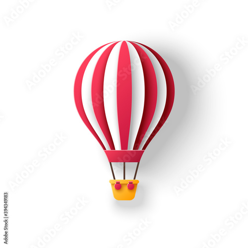 Hot air balloon in paper cut style with red stripes. Travel and explore 3d icon isolated on white background for kids birthday party design. Romantic adventure for honeymoon.