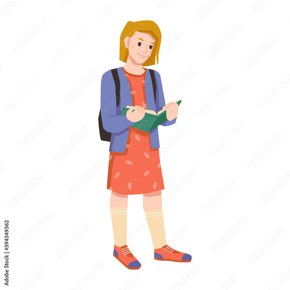Elementary or primary school pupil with open book and backpack isolated flat cartoon character. Vector young teenager or kindergarten female child reads textbook, schoolbag rucksack behind schoolchild Elementary or primary school pupil with open book and backpack isolated flat cartoon character. Vector young teenager or kindergarten female child reads textbook, schoolbag rucksack behind schoolchild