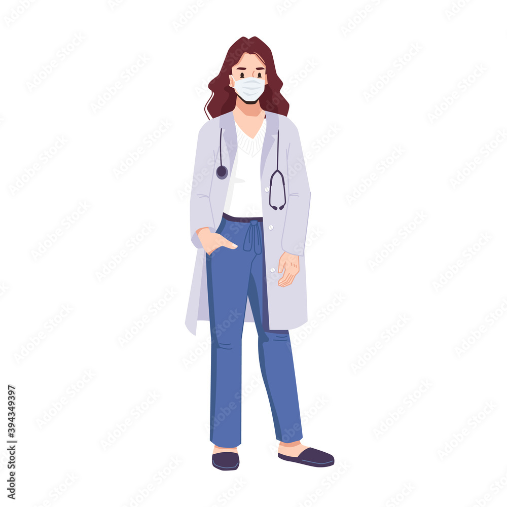 Woman doctor in mask wearing surgical medical uniform and stethoscope. Cartoon character working in hospital or clinics. Coronavirus pandemic general practitioner or family doc. Vector in flat style Woman doctor in mask wearing surgical medical uniform and stethoscope. Cartoon character working in hospital or clinics. Coronavirus pandemic general practitioner or family doc. Vector in flat style