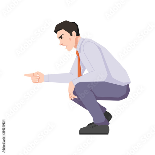 Angry man threatening his finger, father yelling child or subordinate worker. Serious man in suit showing threaten gesture, cartoon character. Parent squatting and quarreling kid, parenting concept