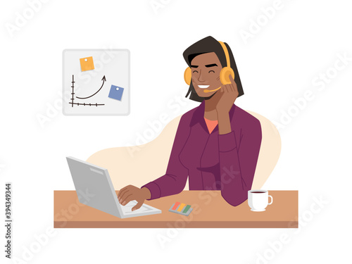 Call or support center, afro american woman operator speaks in headphones with microphone and typing on laptop. Vector online customer service, consultants communicating in headset at helpdesks