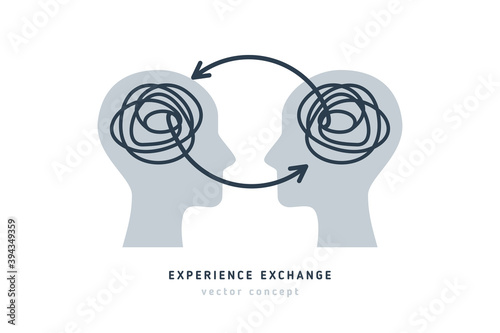 Human heads with scribble lines. Experience and knowledge exchange concept. Vector illustration. Brain as tangled knot. Dialog or dispute infographics, business project development