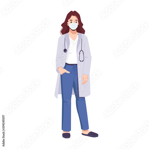 Woman doctor in mask wearing surgical medical uniform and stethoscope. Cartoon character working in hospital or clinics. Coronavirus pandemic general practitioner or family doc. Vector in flat style