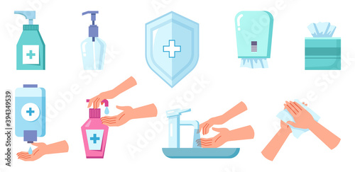 Hand hygiene, sanitizer and liquid soap, napkins box and washing tools isolated set. Vector cleaning and disinfection, antiseptic disinfect spray, coronavirus prevention objects, medical shield