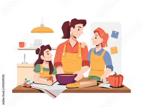 Family cooking breakfast or dinner together. Daughters helping mom to prepare food. Girls and mom wearing aprons with vegetables. Fun activities at home. Cartoon character, vector in flat style