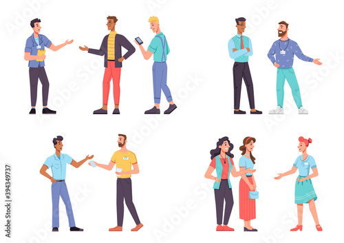 Set promoters, advertise and telling people isolated. Vector man and woman on conference, marketing managers giving information about goods. Stickman characters in casual cloth, advertisement workers