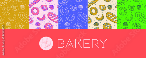 Bakery shop background with hand drawn vector illustration. Cooking courses pattern. Multicolor bakery seamless pattern for pastry bread label design, bakeshop packaging, culinary blog, branding cafe.