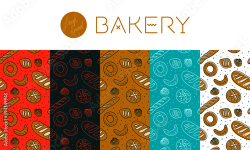 Multicolor bakery seamless pattern for pastry bread label design, bakeshop packaging, culinary blog, branding cafe. Bakery shop background with hand drawn vector illustration. Cooking courses pattern