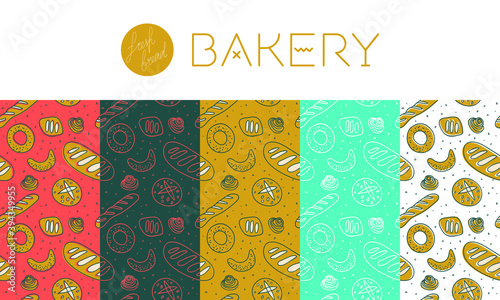 Bakery shop background with hand drawn vector illustration. Cooking courses pattern. Multicolor bakery seamless pattern for pastry bread label design, bakeshop packaging, culinary blog, branding cafe.