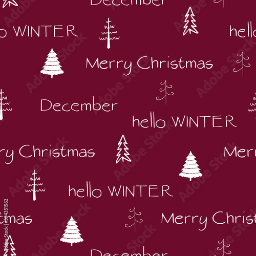 Hello winter, december, merry christmas text with white trees on red background. Seamless repeat christmas pattern for print, textile design or paper projects. Vector illustration.