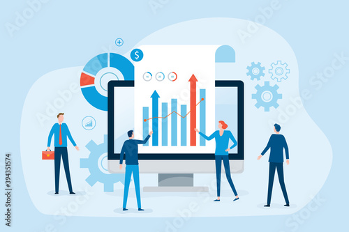 business people team analytics Data and research on web monitoring report dashboard monitor concept and finance investment graph report performance results with business meeting working concept