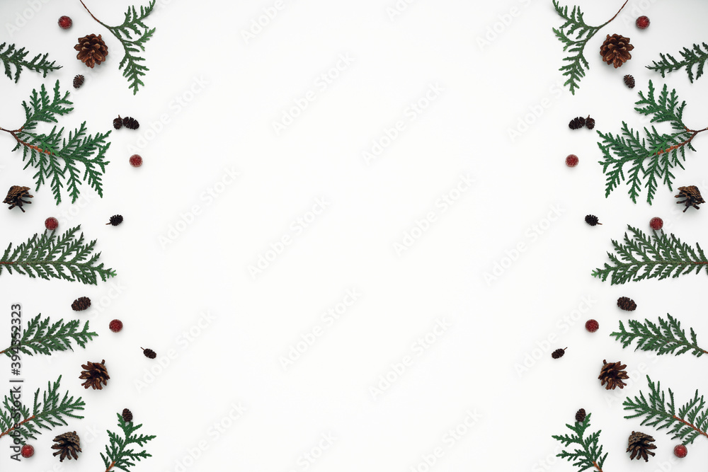 Thuja branches, spruce and New Year's decor. Copy space, flat lay, mock up, top view. Thuja branches, spruce and New Year's decor. Copy space, flat lay, mock up, top view.