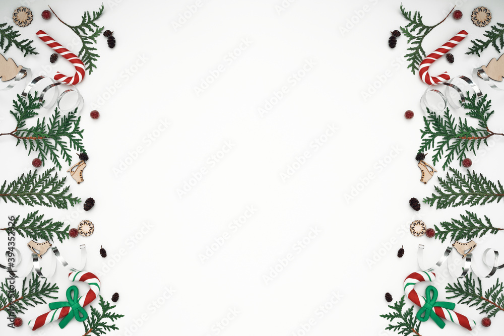 Thuja branches, spruce and New Year's decor. Copy space, flat lay, mock up, top view. Thuja branches, spruce and New Year's decor. Copy space, flat lay, mock up, top view.