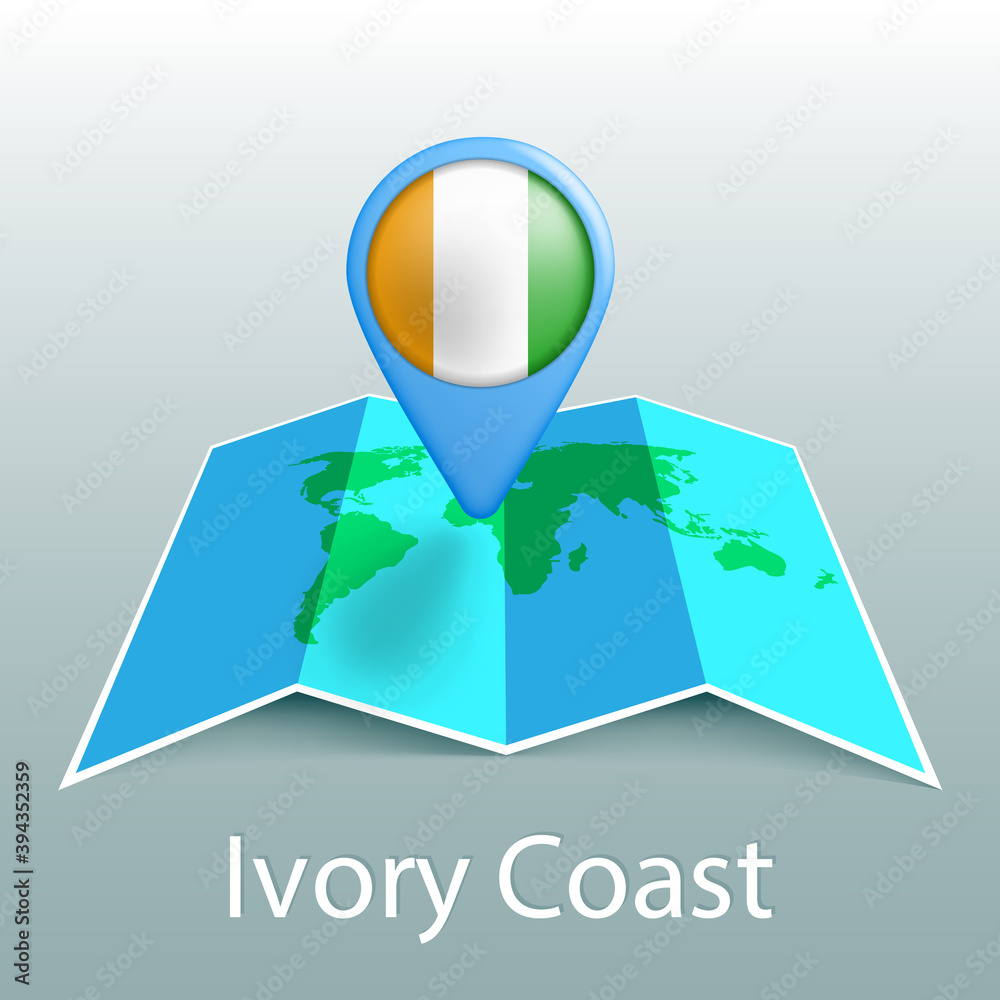 Ivory Coast flag world map in pin with name of country Ivory Coast flag world map in pin with name of country