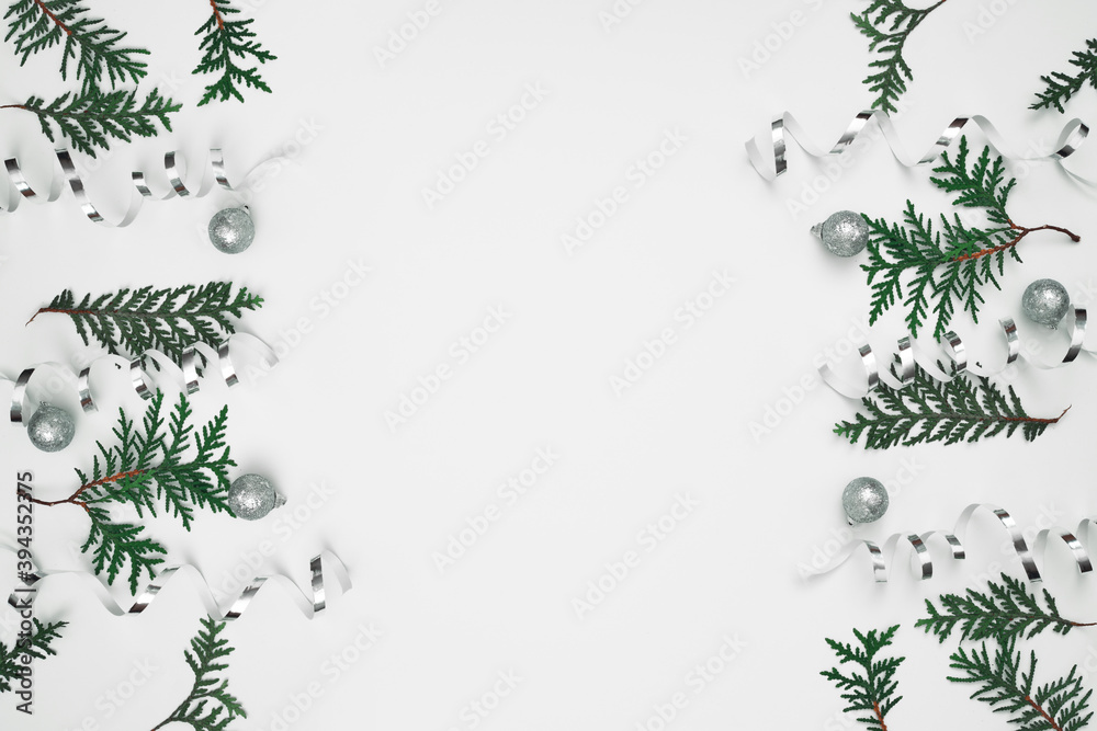 Thuja branches, spruce and New Year's decor. Copy space, flat lay, mock up, top view. Thuja branches, spruce and New Year's decor. Copy space, flat lay, mock up, top view.