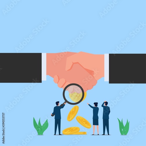 Man hold magnify and search money on handshake metaphor of corruption and bribery. Business flat vector concept illustration.