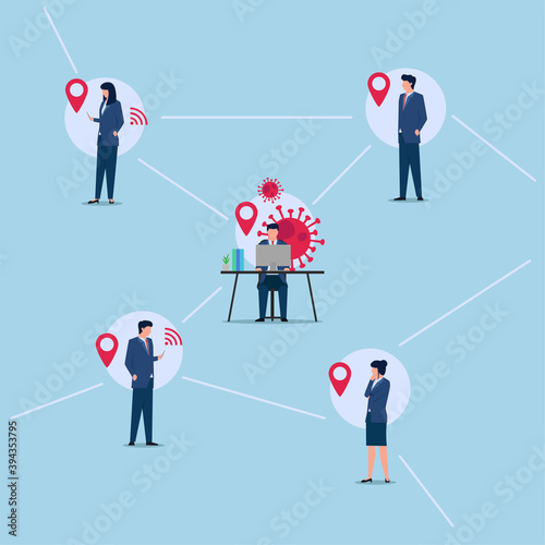 People with office suit in virus tracing contact illustration.