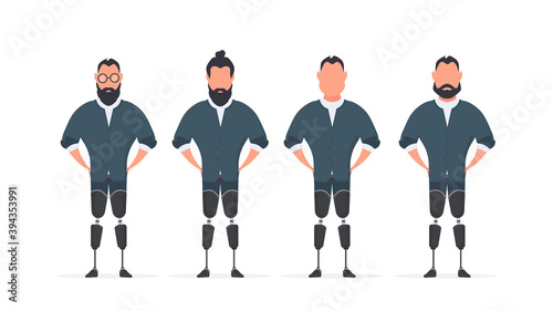 A set of men with prosthetic legs. People with disabilities. Vector.