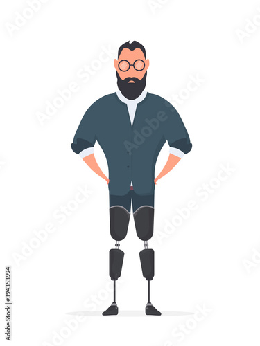 A man with prosthetic legs. A man with no legs. Isolated, vector.