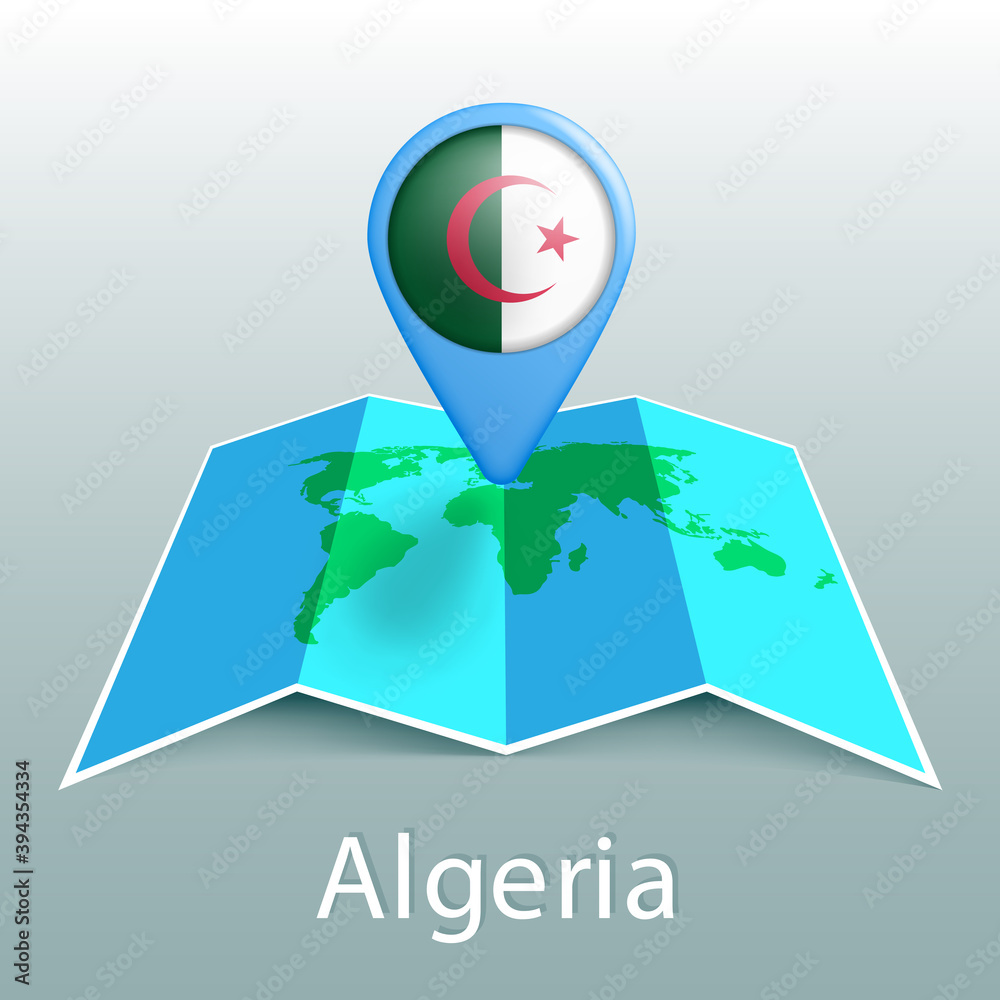 Algeria flag world map in pin with name of country Algeria flag world map in pin with name of country