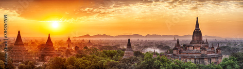 Panoramic sunrise over ancient city of Bagan in Myanmar