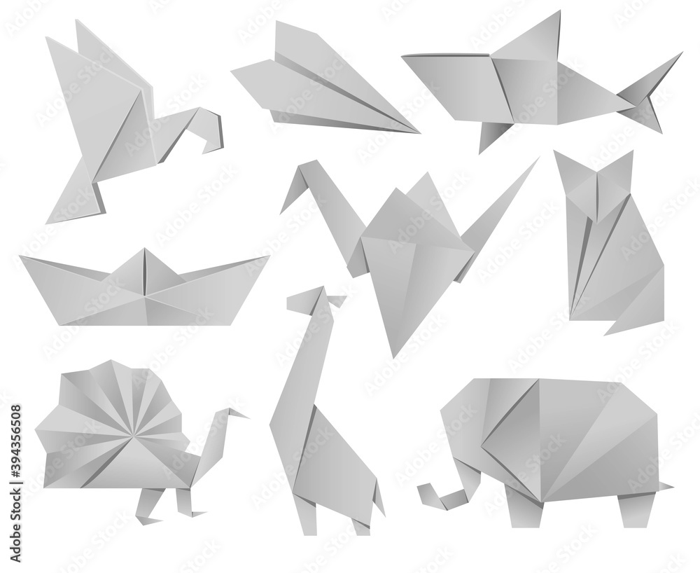 Origami animals set - bird, plane, crane, peacock, giraffe, boat, shark,  fox, elephant. The Japanese art of folding paper figures is a hobby,  needlework. World Origami Day, White Crane Day. Иллюстрация Stock |