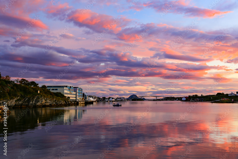 Colorful sunset in Bronnoysund harbor in ,Helgeland,Nordland ,Norway,scandinavia,Europe