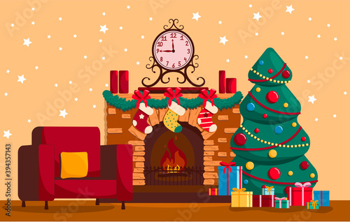 Christmas fireplace with candles and a clock. Decorated with garlands and bows. christmas tree and cozy armchair