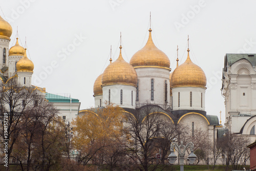 Moscow, Russia, The Kremlin. Cathedral of the Dormition. Part of tower in foreground