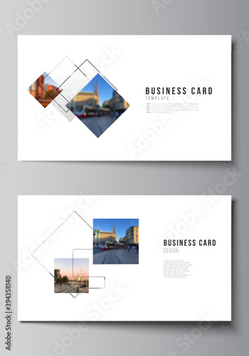 Vector layout of two creative business cards design templates, horizontal template vector design with geometric simple shapes, lines and photo place.