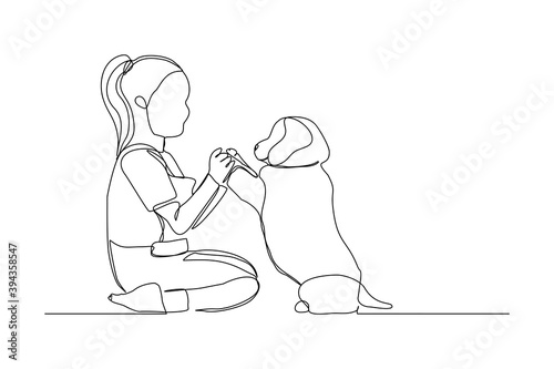 Continuous line drawing of happy little girl playing with dog pet. One line art concept of happy childhood. Vector illustration