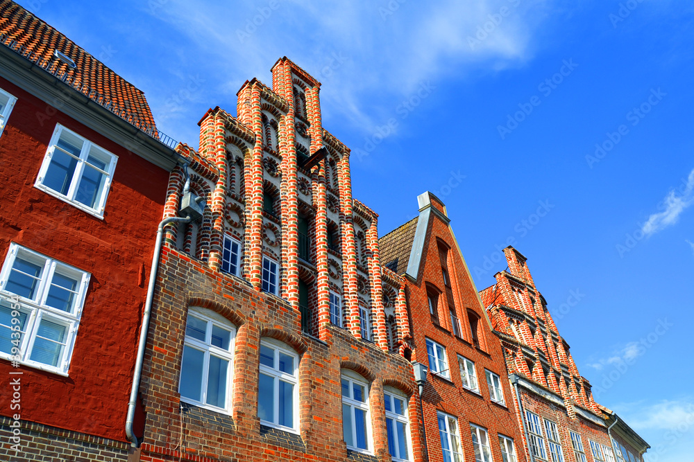 Typical old brick buildings in Luneburg, Germany, Europe. Brick gothic architecture.